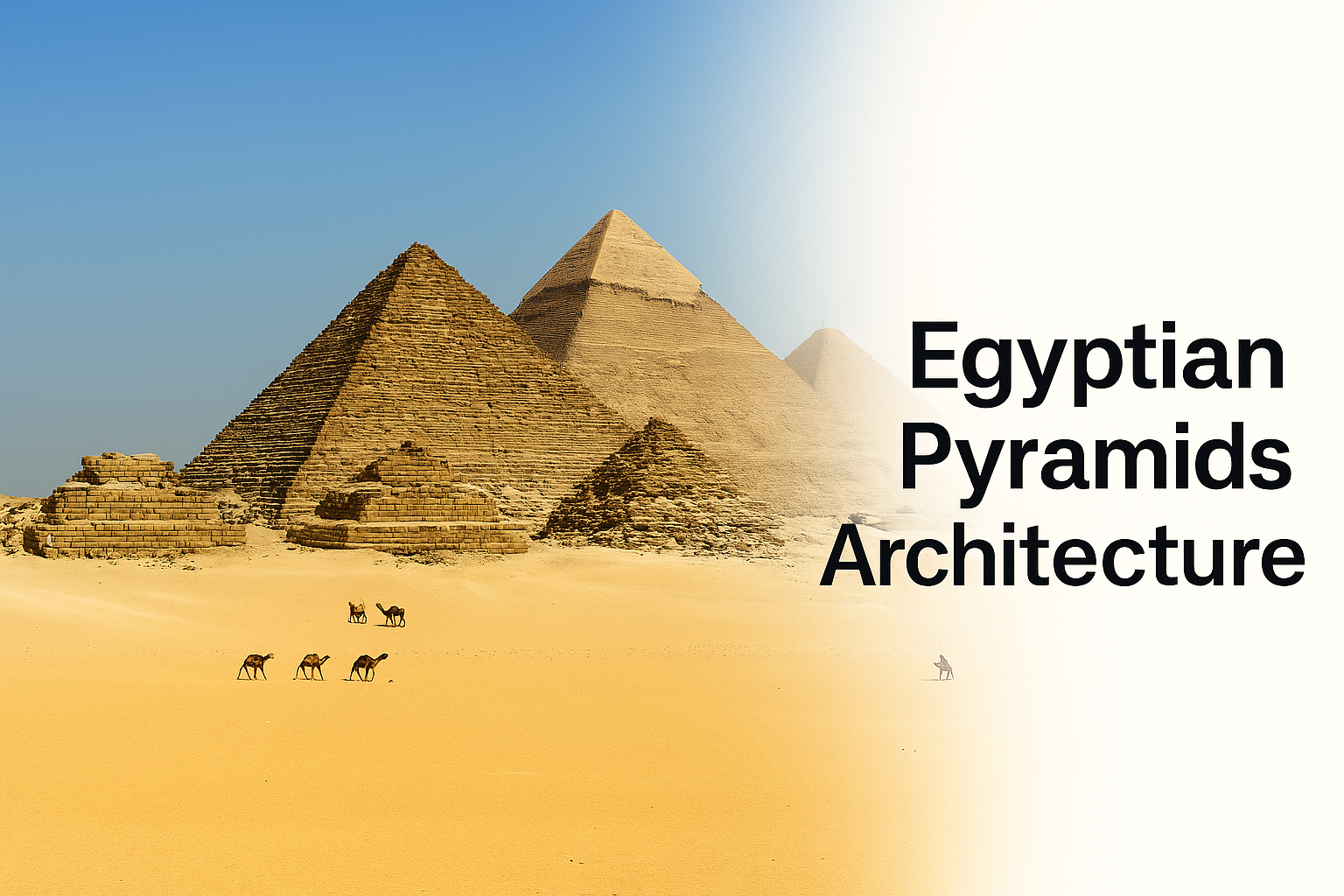 Ancient Egyptian pyramids at Giza under a clear blue sky with camels crossing the desert in the foreground.