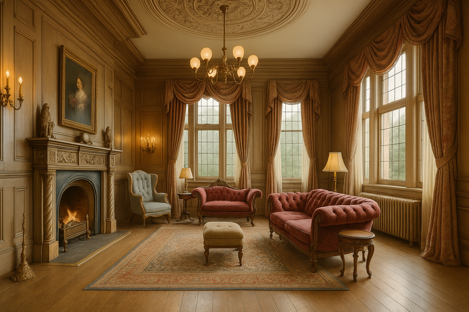 Queen Anne-style living room with authentic colors and antique furniture.