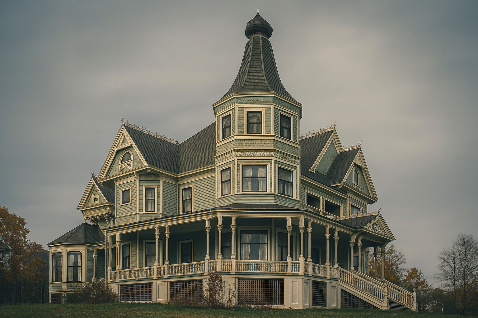 Restored Queen Anne Victorian mansion with turret and wraparound porch, enhanced in realistic color.