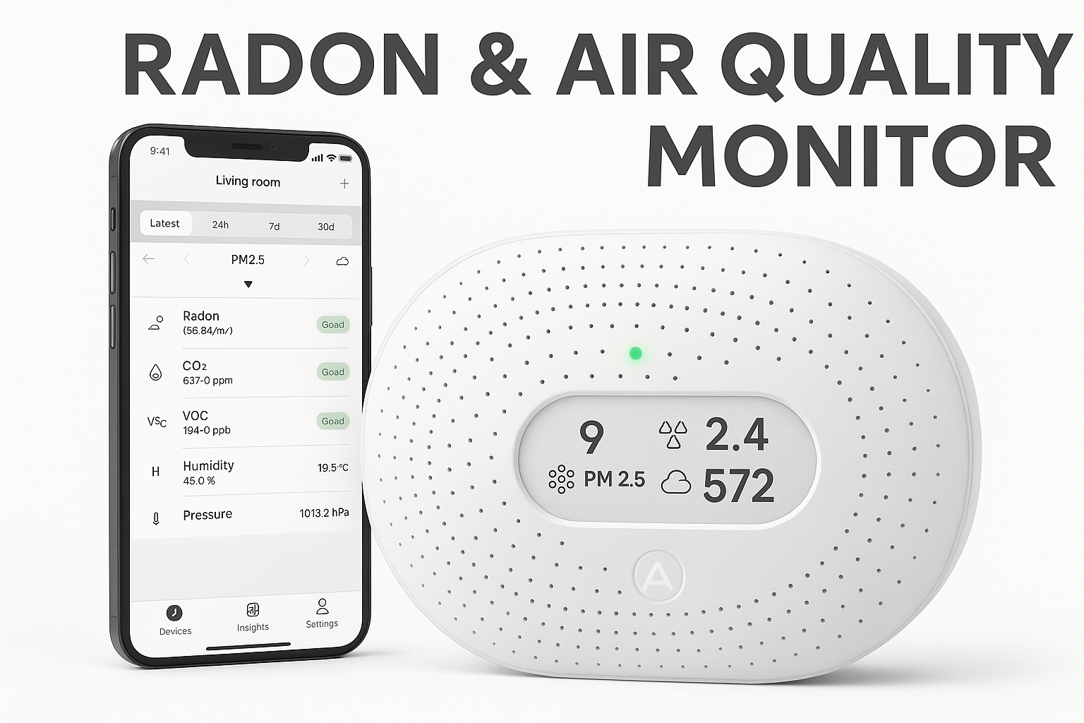 Smartphone and digital radon and air quality monitor showing real-time indoor air stats on a clean white background.