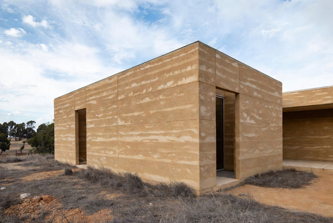 Modern rammed earth house with thick monolithic walls in a dry landscape.