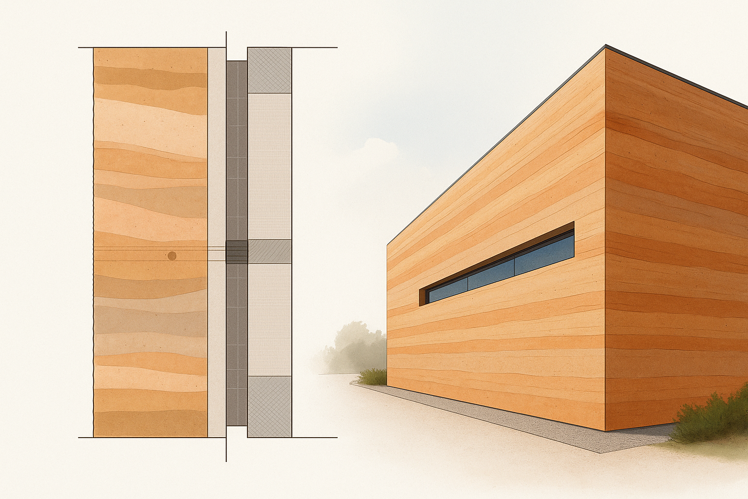 Rammed earth panels with finished wall built from them.