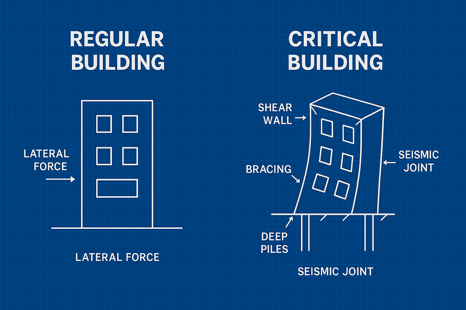 Comparison diagram showing a regular building and a critical building with seismic design features like shear walls, bracing, deep piles, and seismic joints.