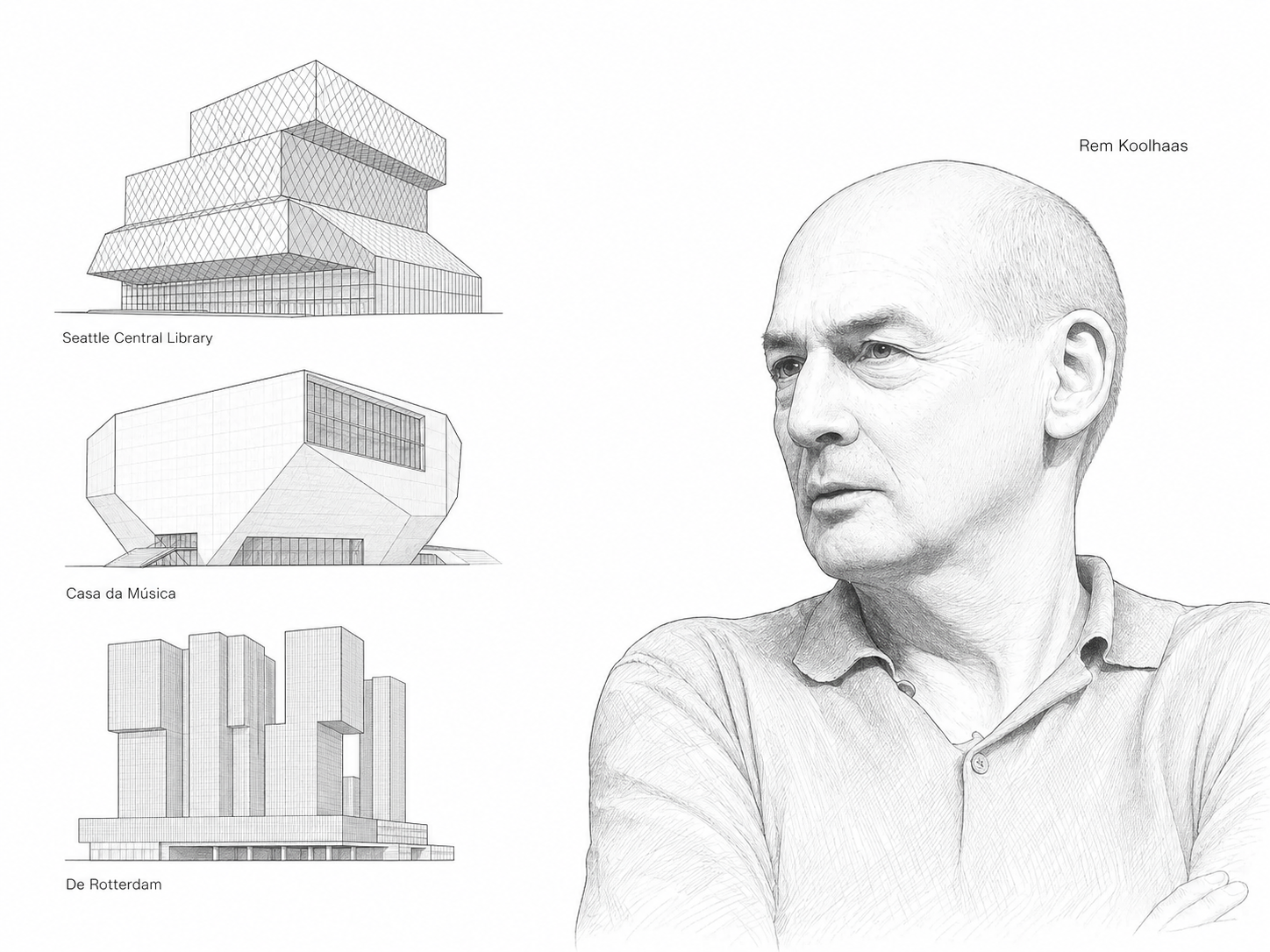 Editorial diagram showing Rem Koolhaas with simplified drawings of Seattle Central Library, Casa da Música, and De Rotterdam.