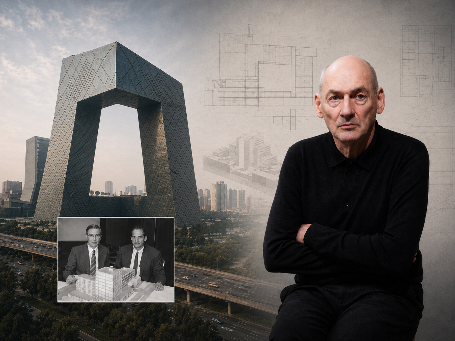 Rem Koolhaas architecture profile with CCTV Headquarters, architectural drawings, and archival model photo.