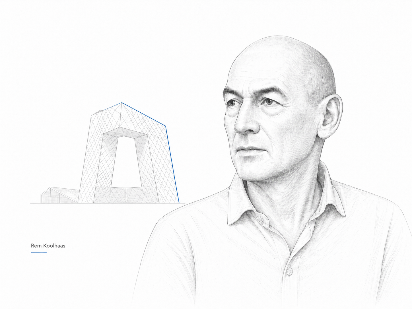 Sketch of Rem Koolhaas’s CCTV Tower in China showing its unique looped form.