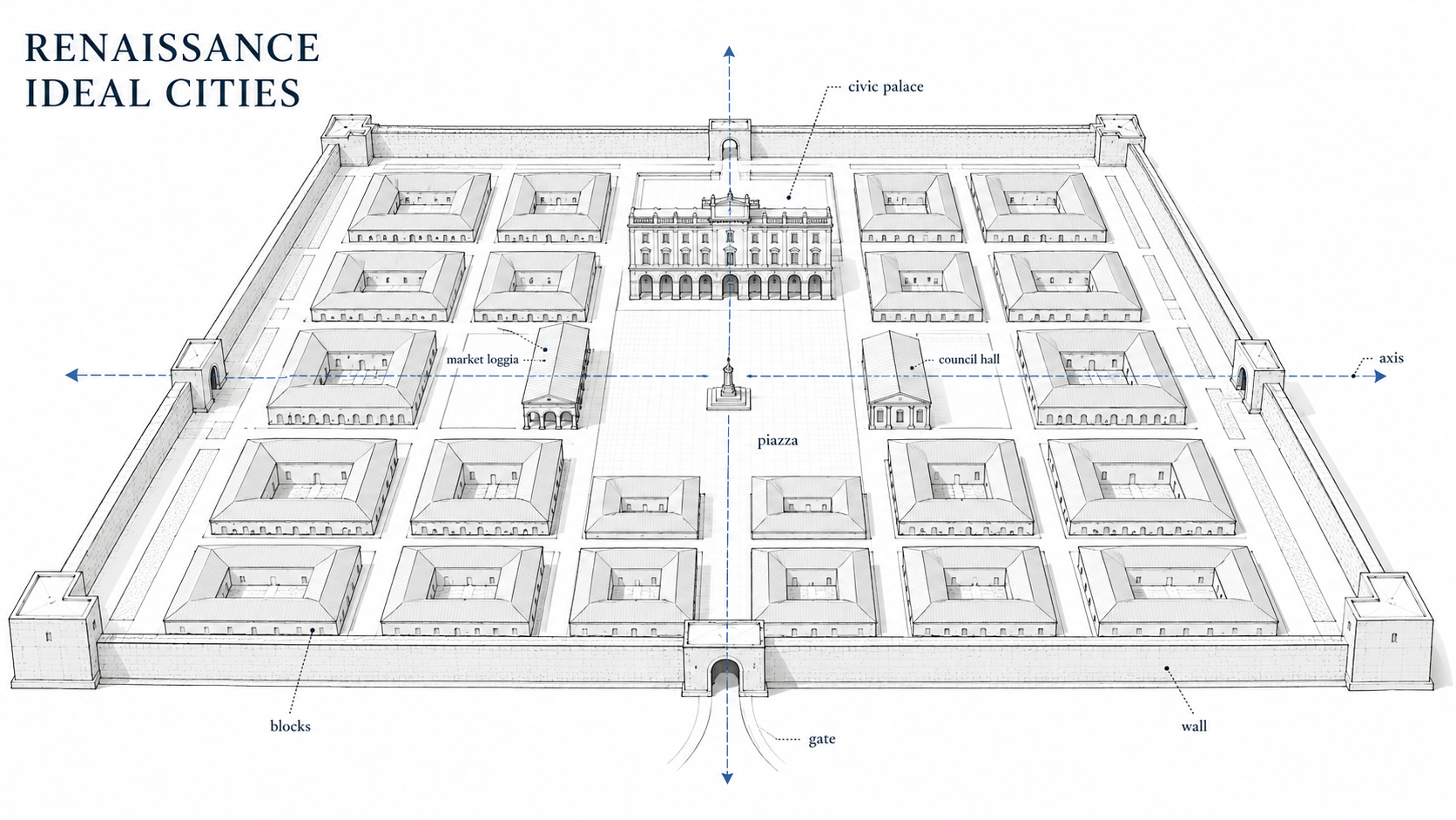 Renaissance ideal city diagram showing a walled city grid with civic palace, piazza, council hall, market loggia, gates, blocks, and central planning axes.