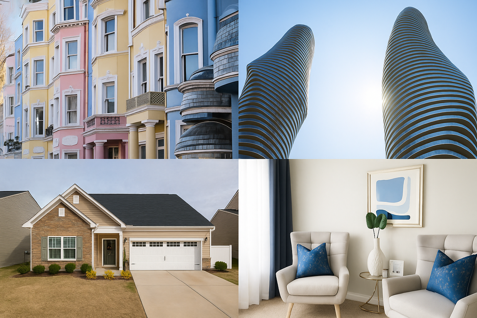 Collage of four residential architecture styles including pastel row houses, modern curved towers, a suburban home, and a minimalist interior.