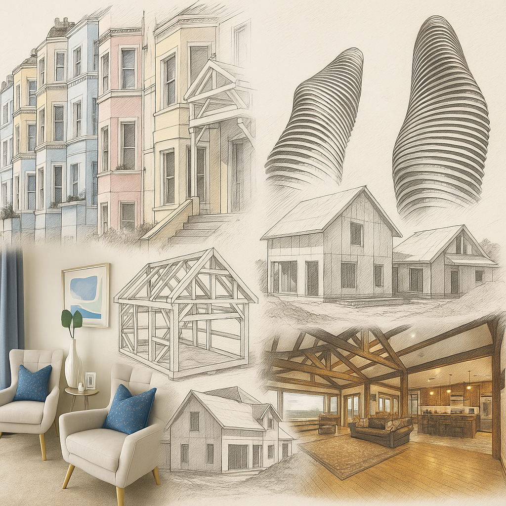 Mixed-media image of residential buildings showing both sketches and realistic elements in a horizontal collage.