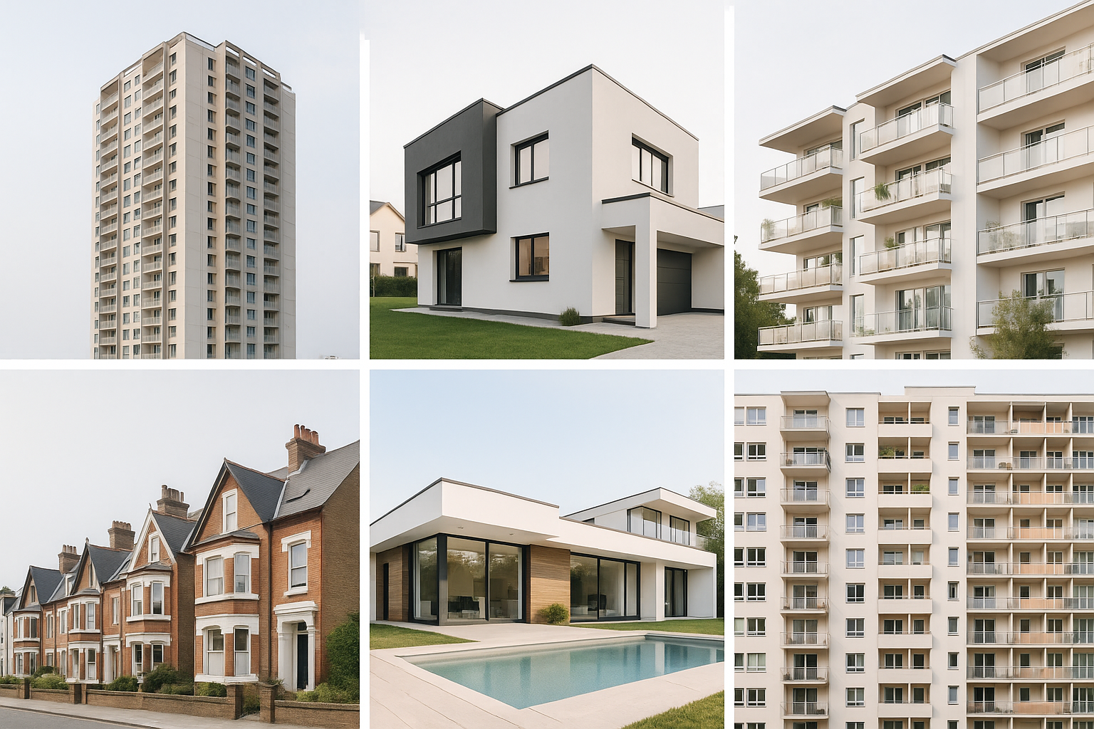 Collage of modern residential buildings including single-family homes, apartments, villas, and townhouses.