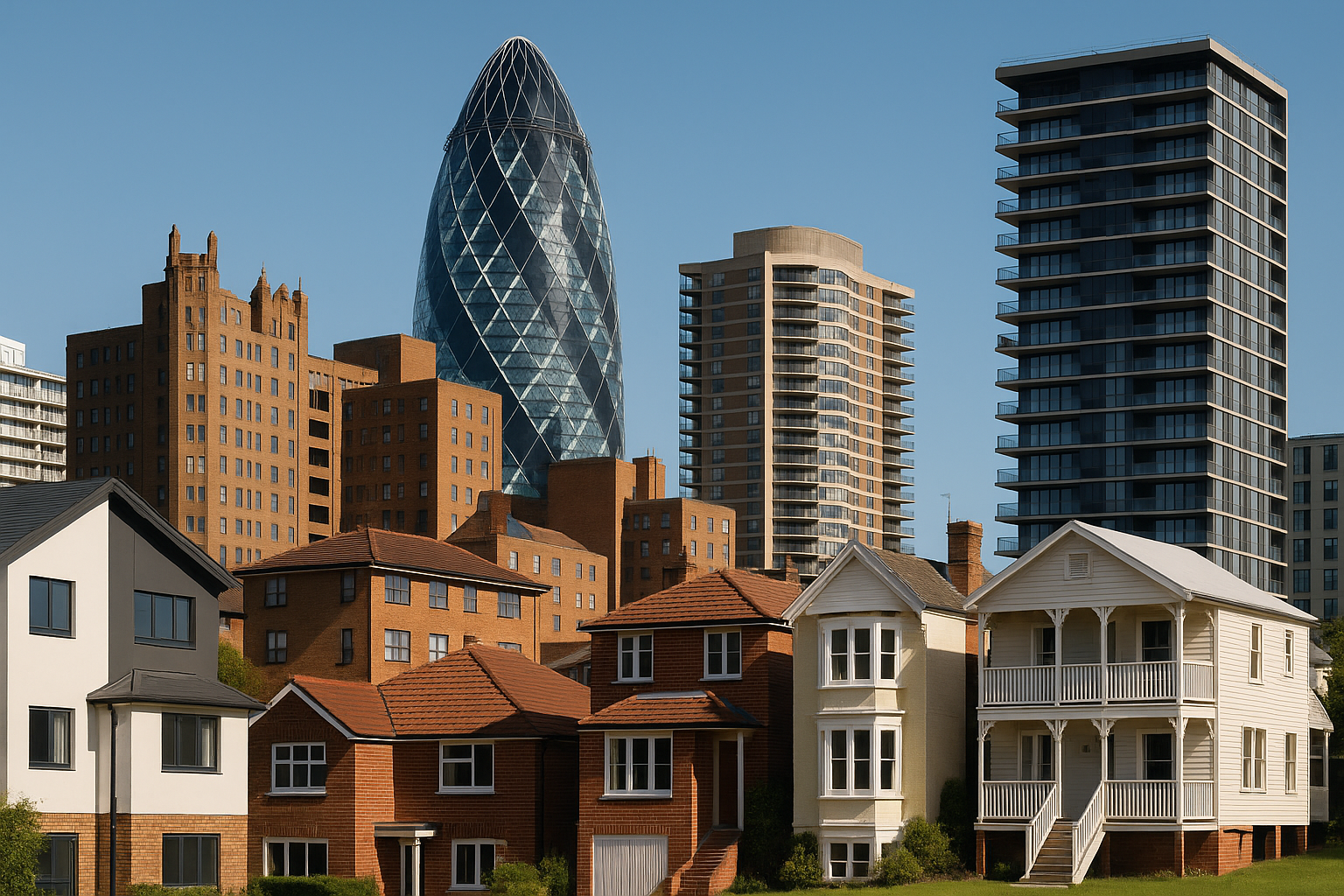 Different types of residential buildings including apartments, houses, and townhomes.