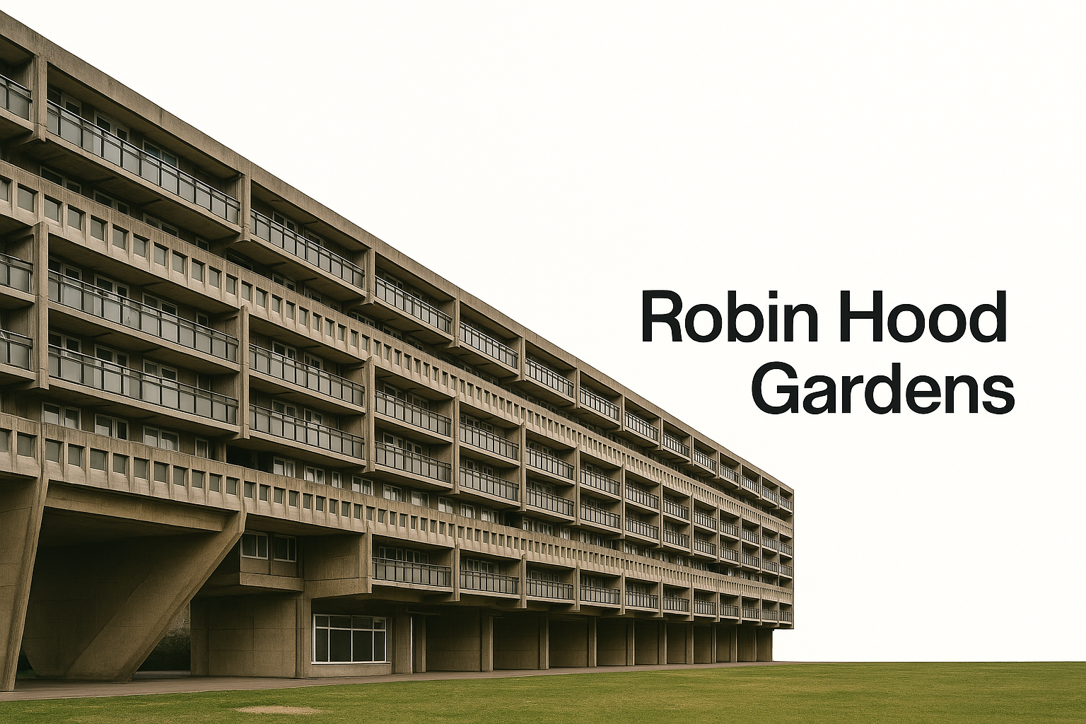 Robin Hood Gardens housing complex with Brutalist concrete balconies and structural supports.