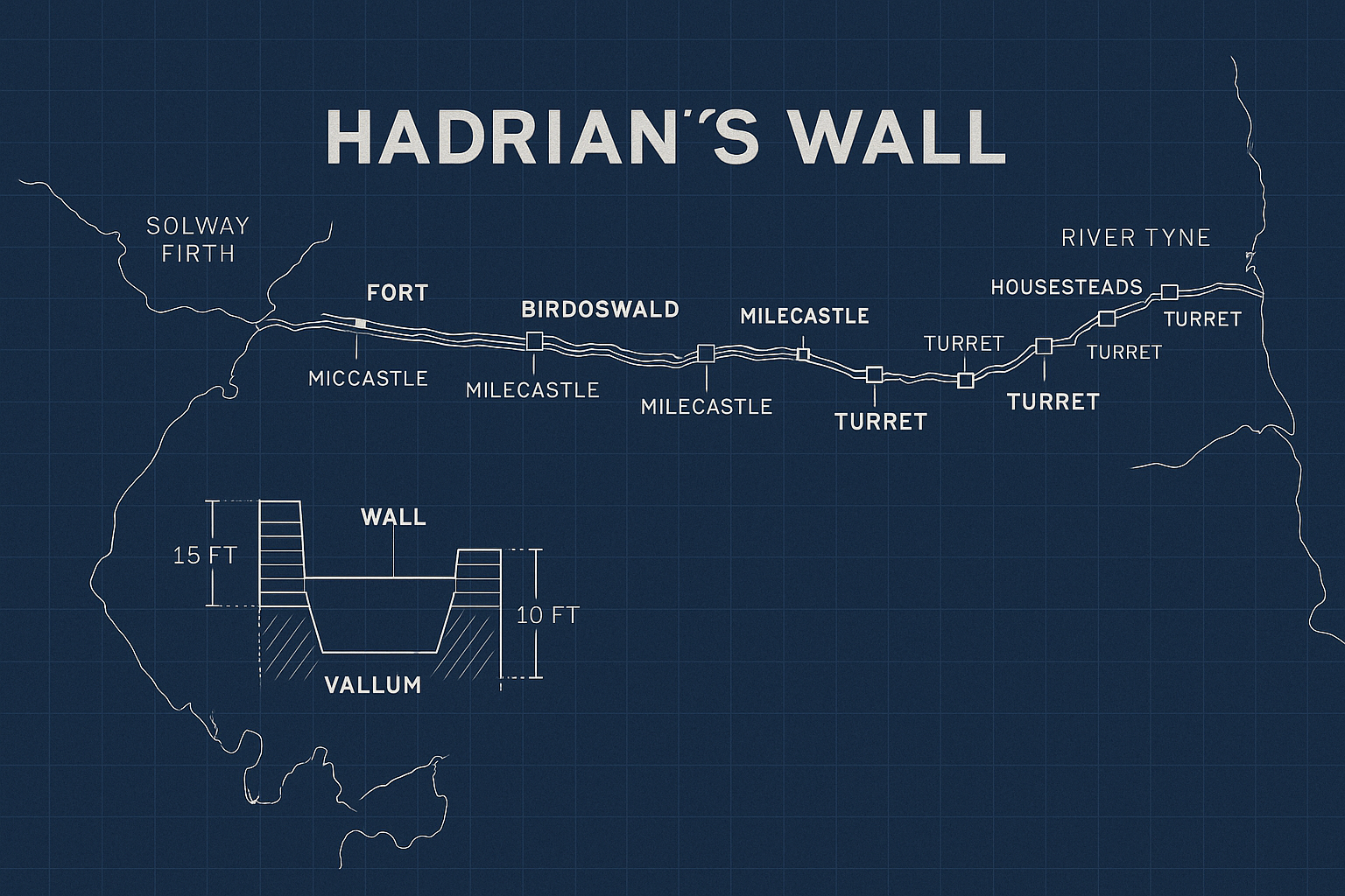 Map of Hadrian’s Wall with forts, milecastles, turrets, and defensive ditch.