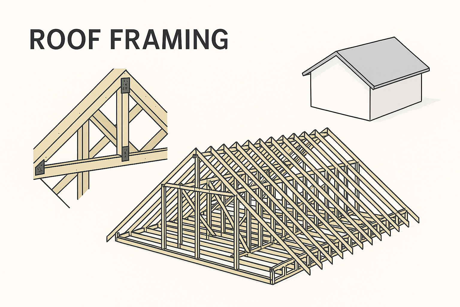An illustration of roof framing showing trusses, connections, and gable structure.