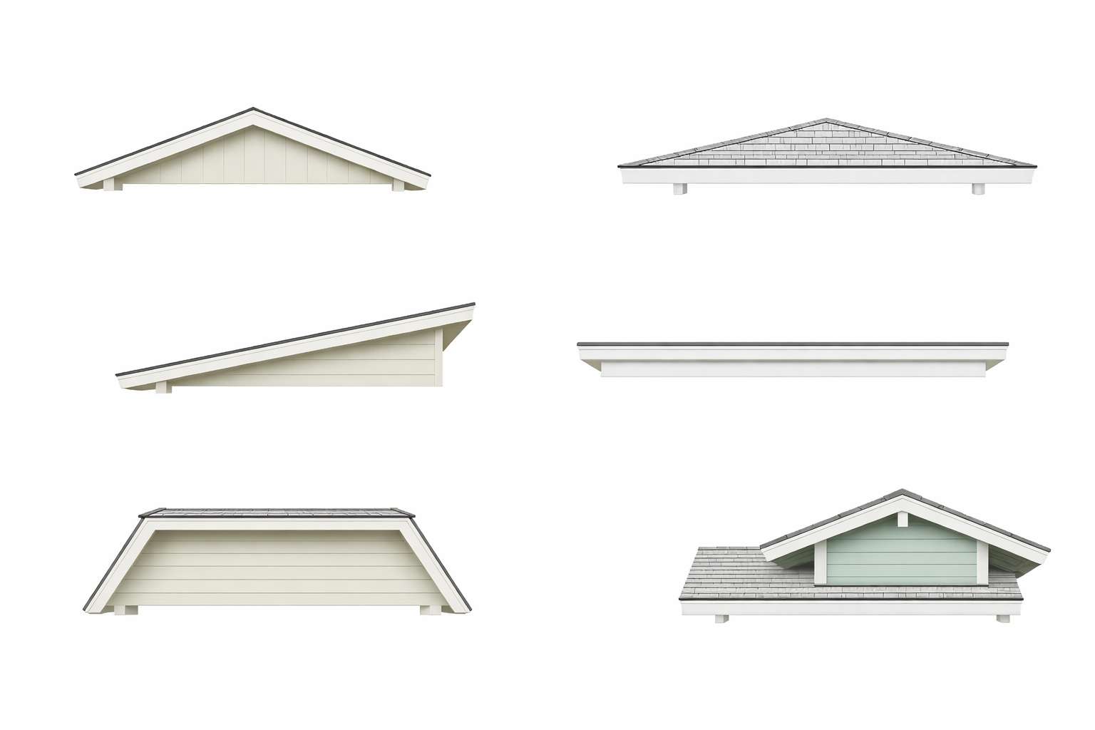 Comparison diagram of gable, hip, shed, flat, mansard, and Dutch gable roof lines.
