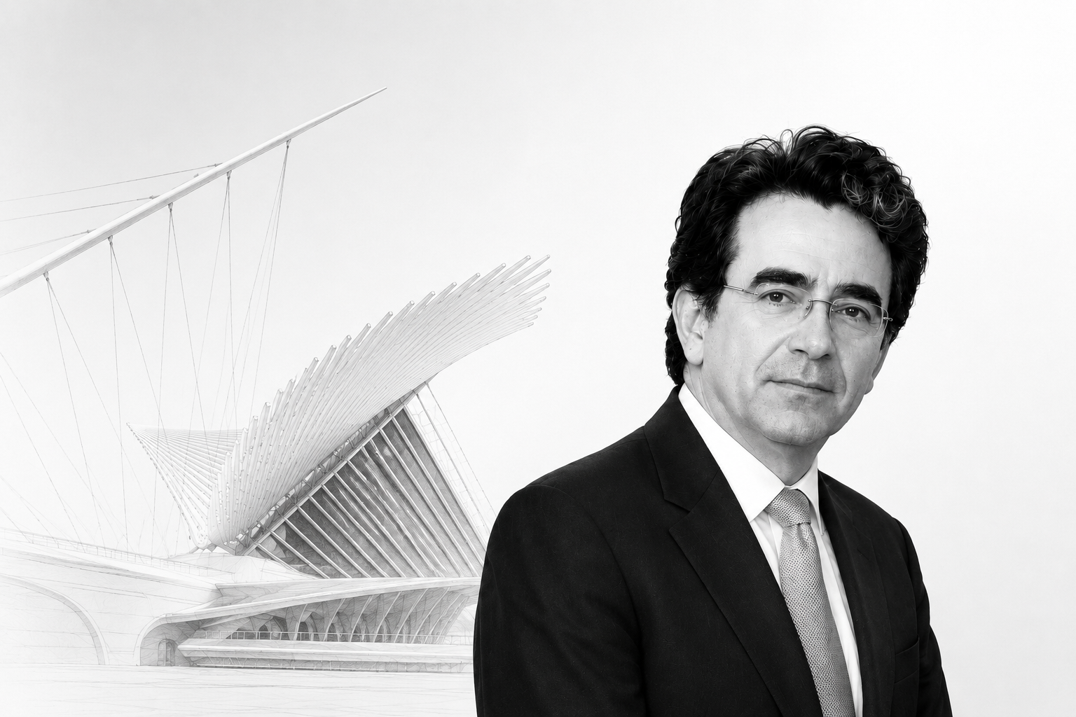 Santiago Calatrava with dynamic building design in background.