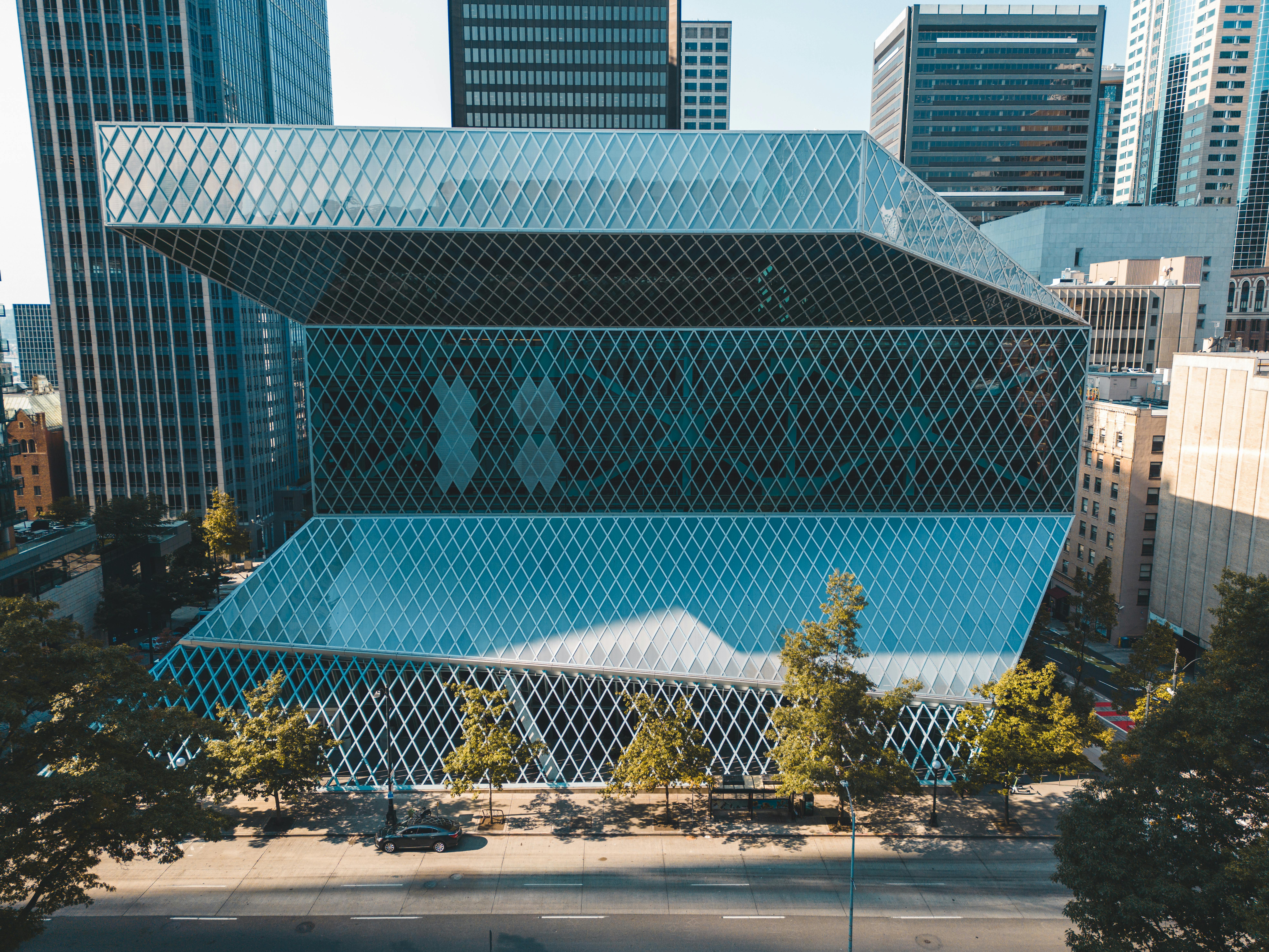 Seattle Public Library building with angular glass and steel design.