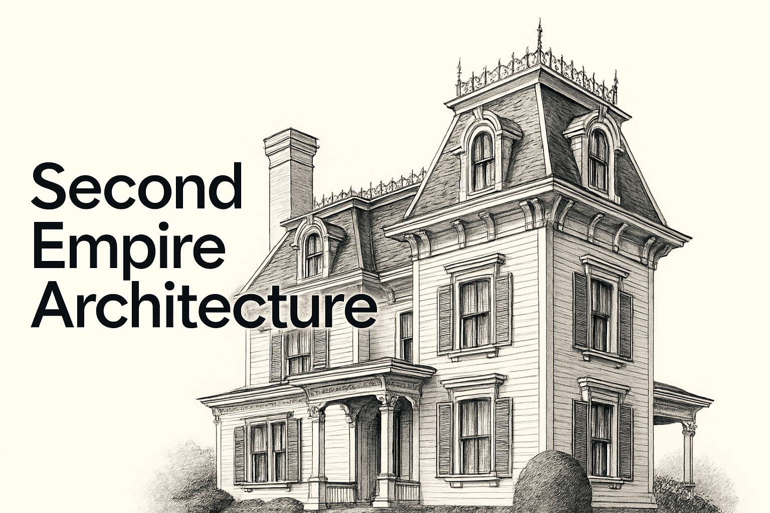 Classic Second Empire house with mansard roof, dormers, and cornices.