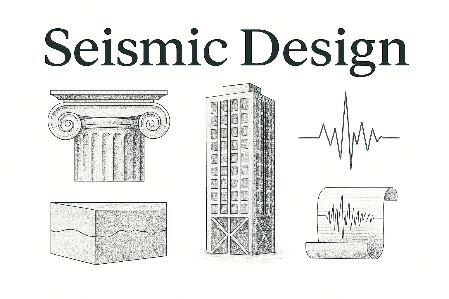 Seismic design illustration showing structural reinforcement, ground shaking, and wall bracing.