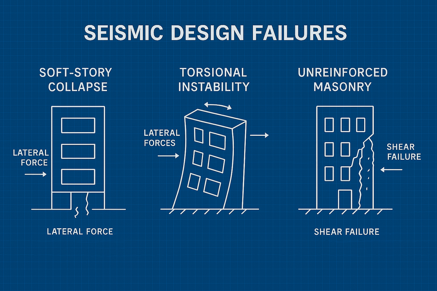 Three building diagrams showing seismic failure types: soft-story collapse, torsional instability, and unreinforced masonry shear failure.