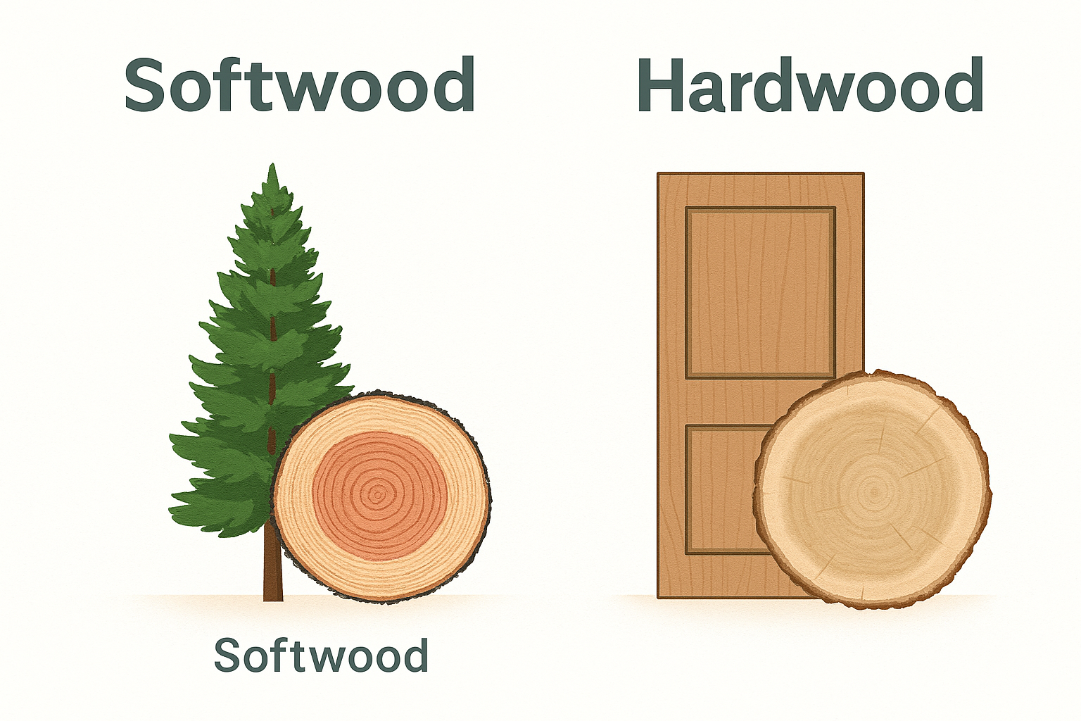 Two wood cross-sections labeled softwood and hardwood, with related tree.