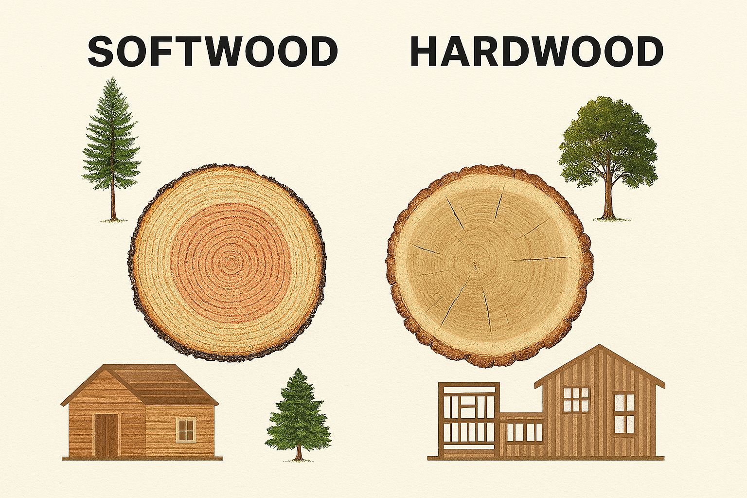 Comparison of softwood and hardwood uses in construction and furniture.