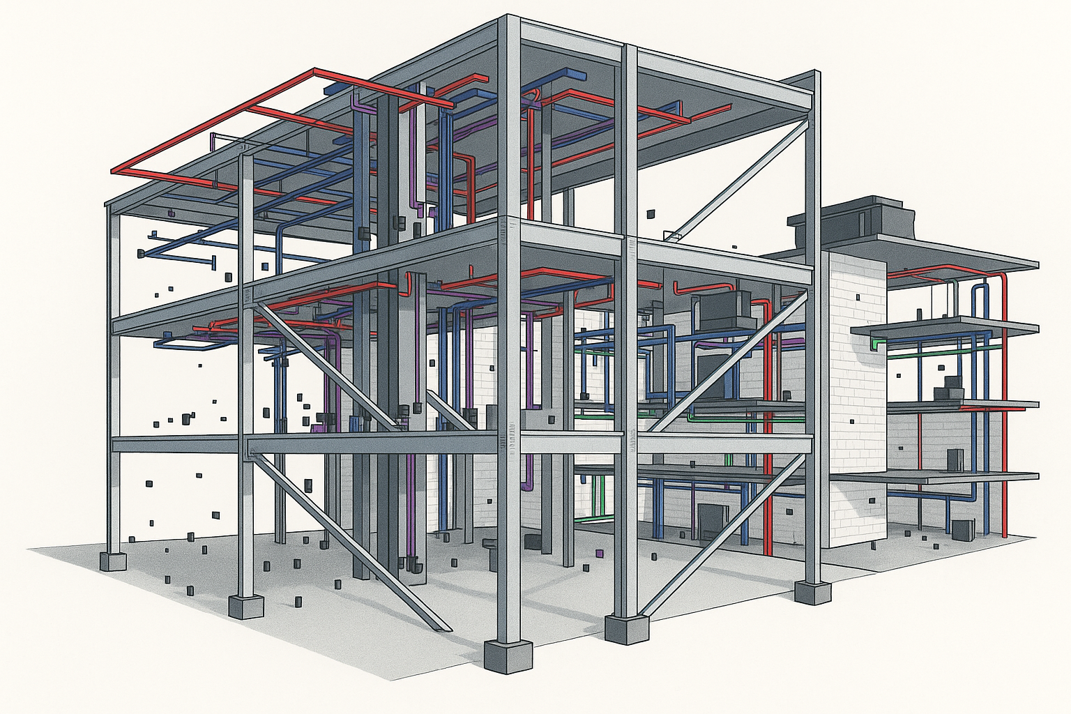 Isometric view of steel structure with MEP and framing layout.