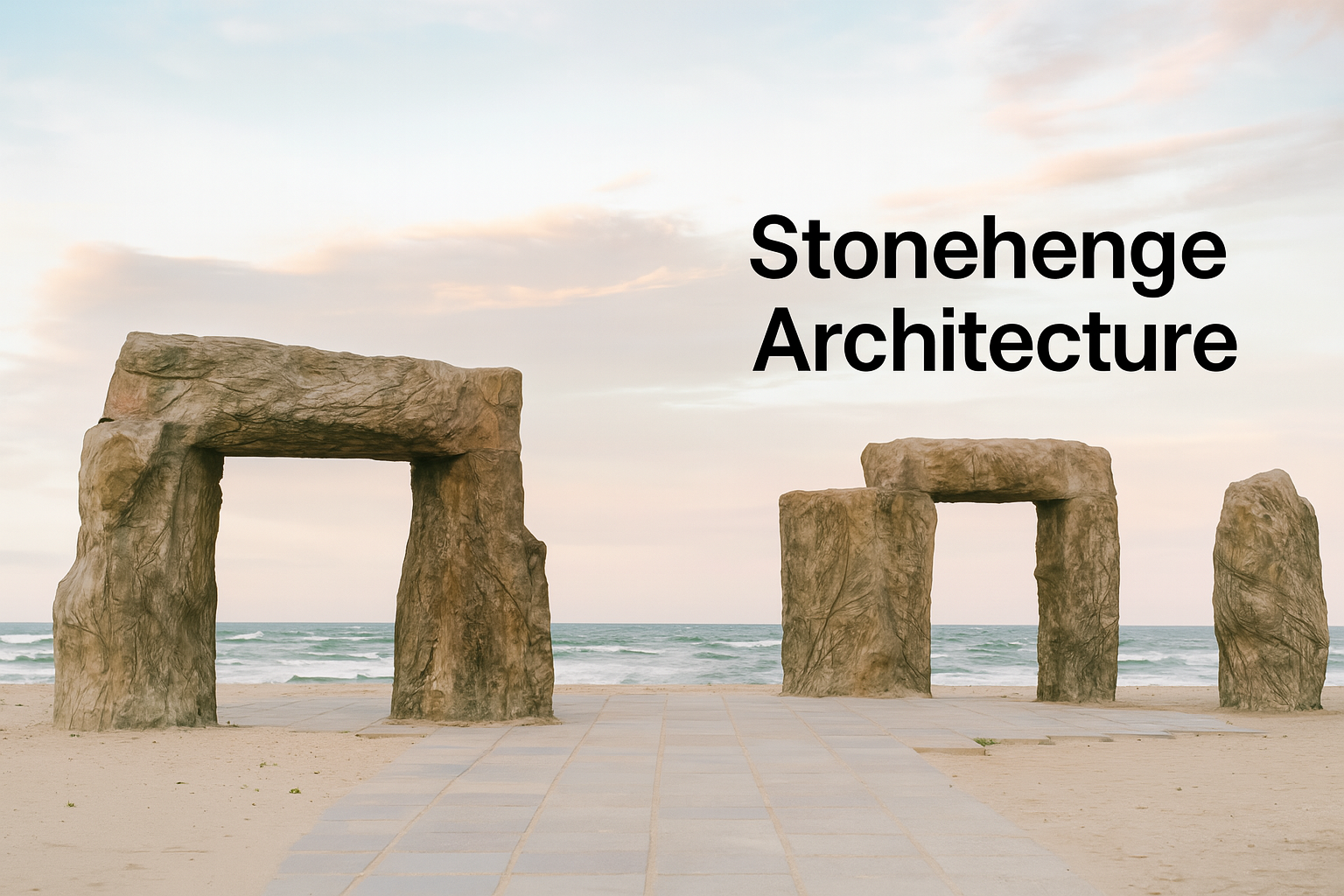 Stonehenge-style stone monument by the sea.