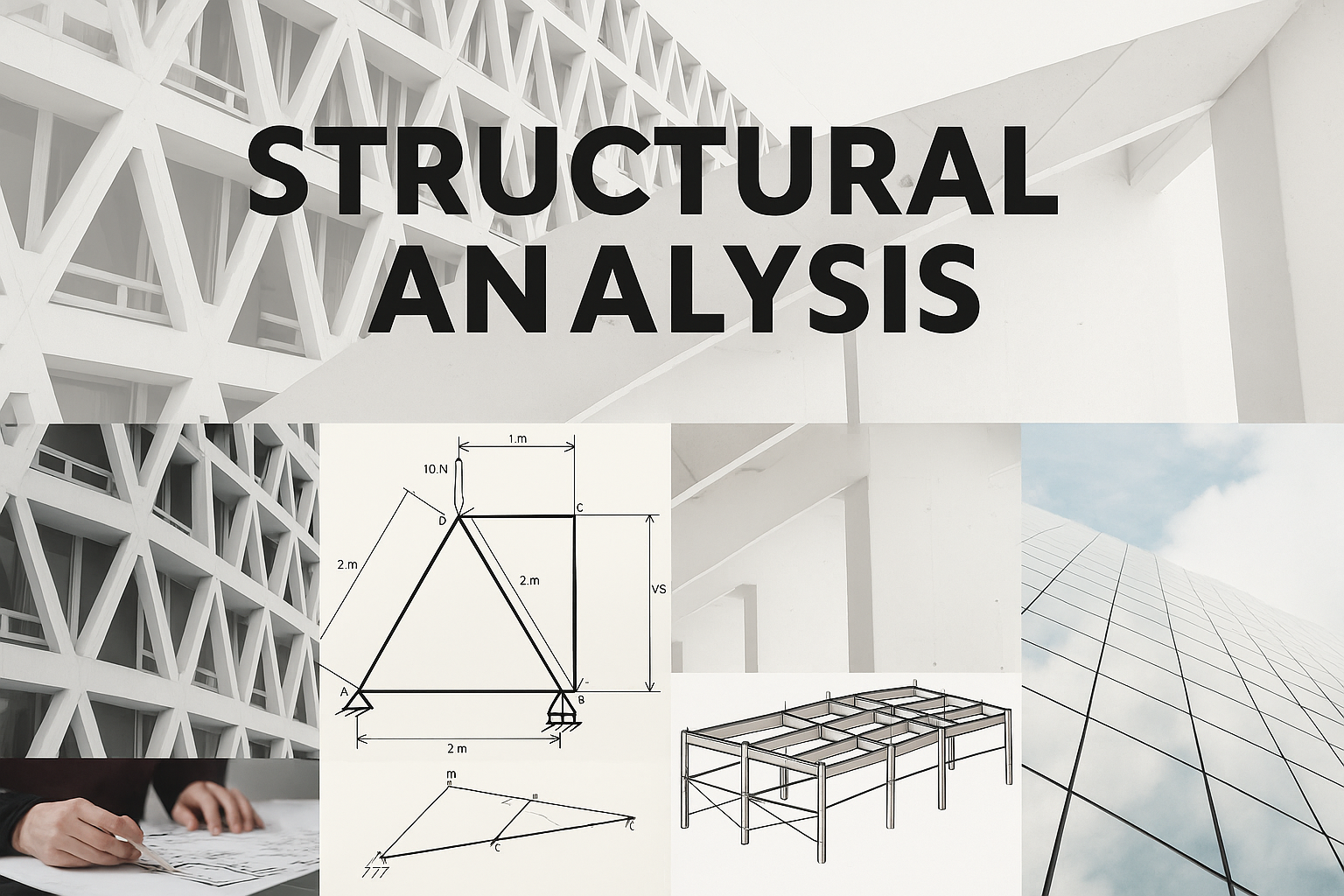 Collage of architectural images showing trusses, diagrams, building frames, and engineering plans.