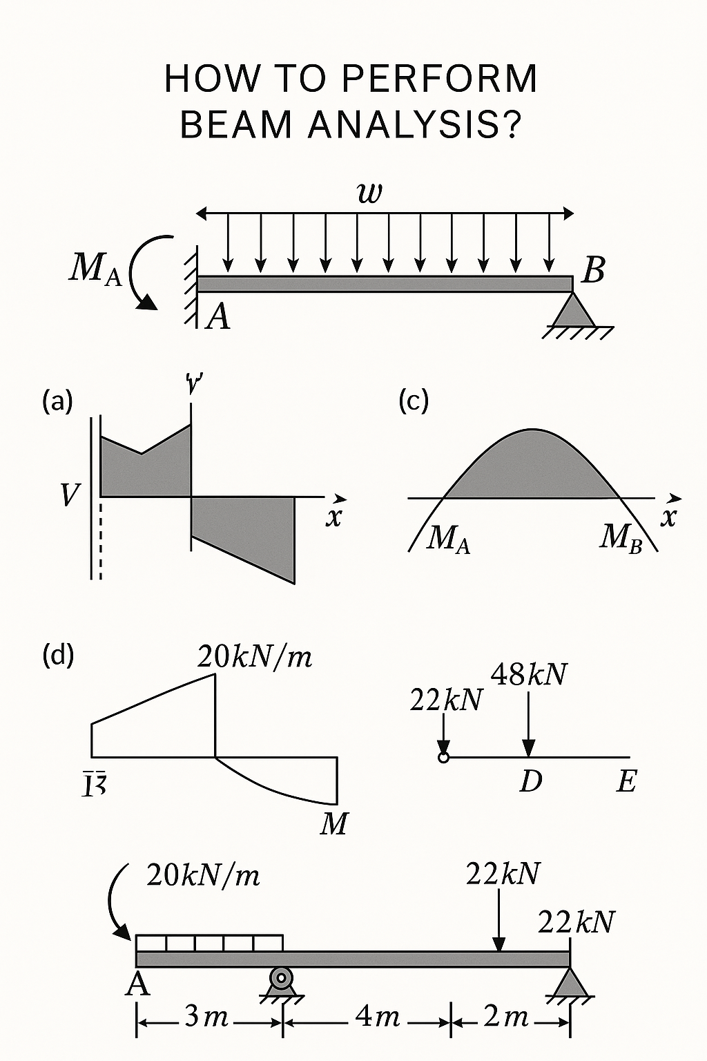 Labeled diagram of a simply supported beam under load.