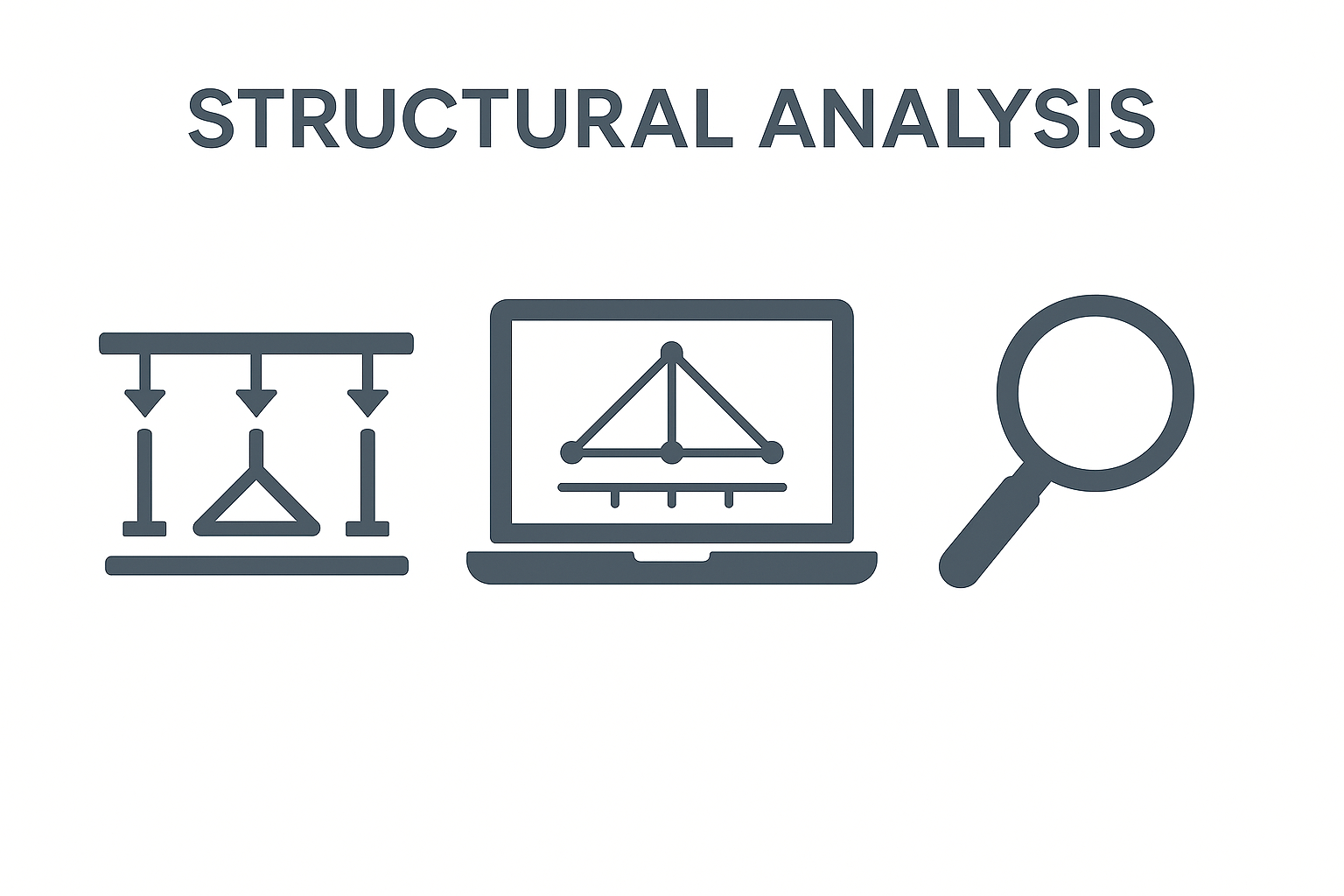 Flat-style infographic showing concept of structural analysis with buildings, supports, and analysis symbols.