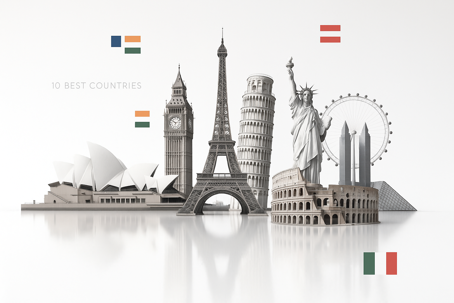 Icons of famous buildings from multiple countries representing global architecture.