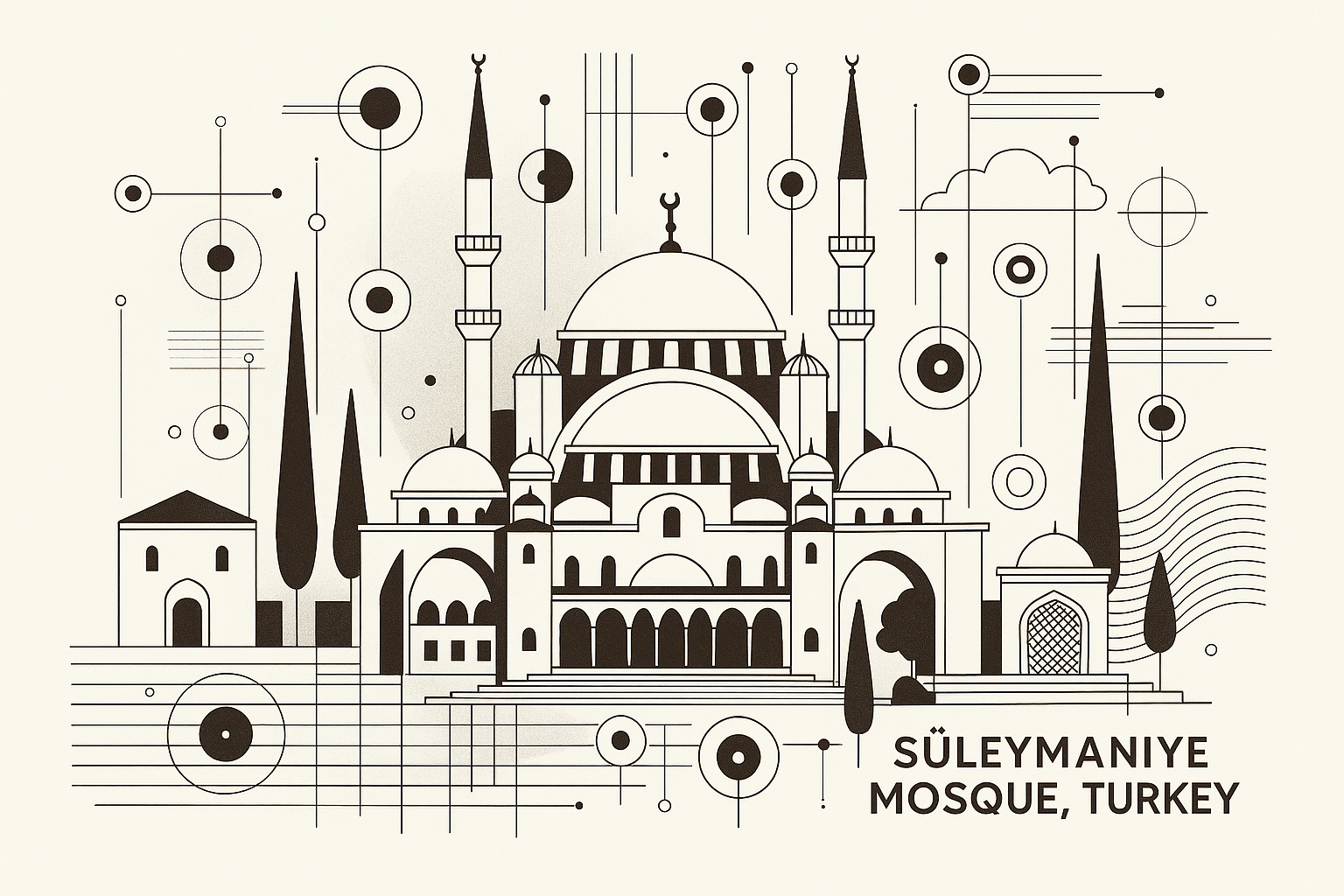 Sectional blueprint view of the Süleymaniye Mosque architecture.