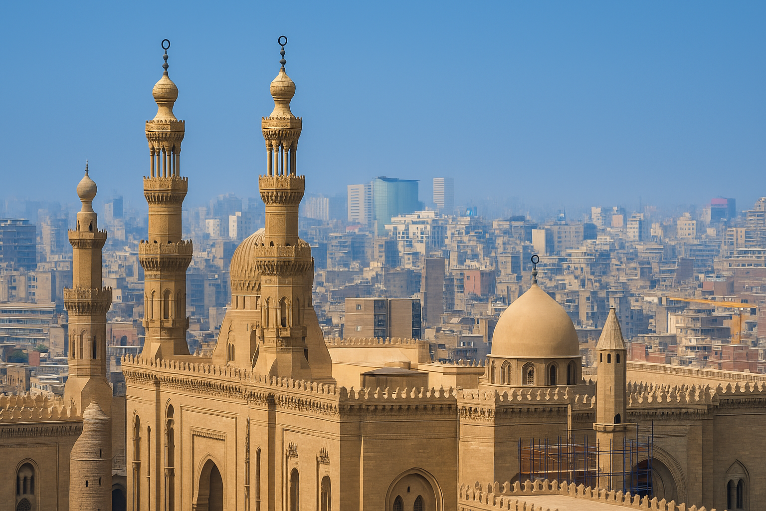 The Mosque-Madrasa of Sultan Hassan in Cairo with towering minarets.