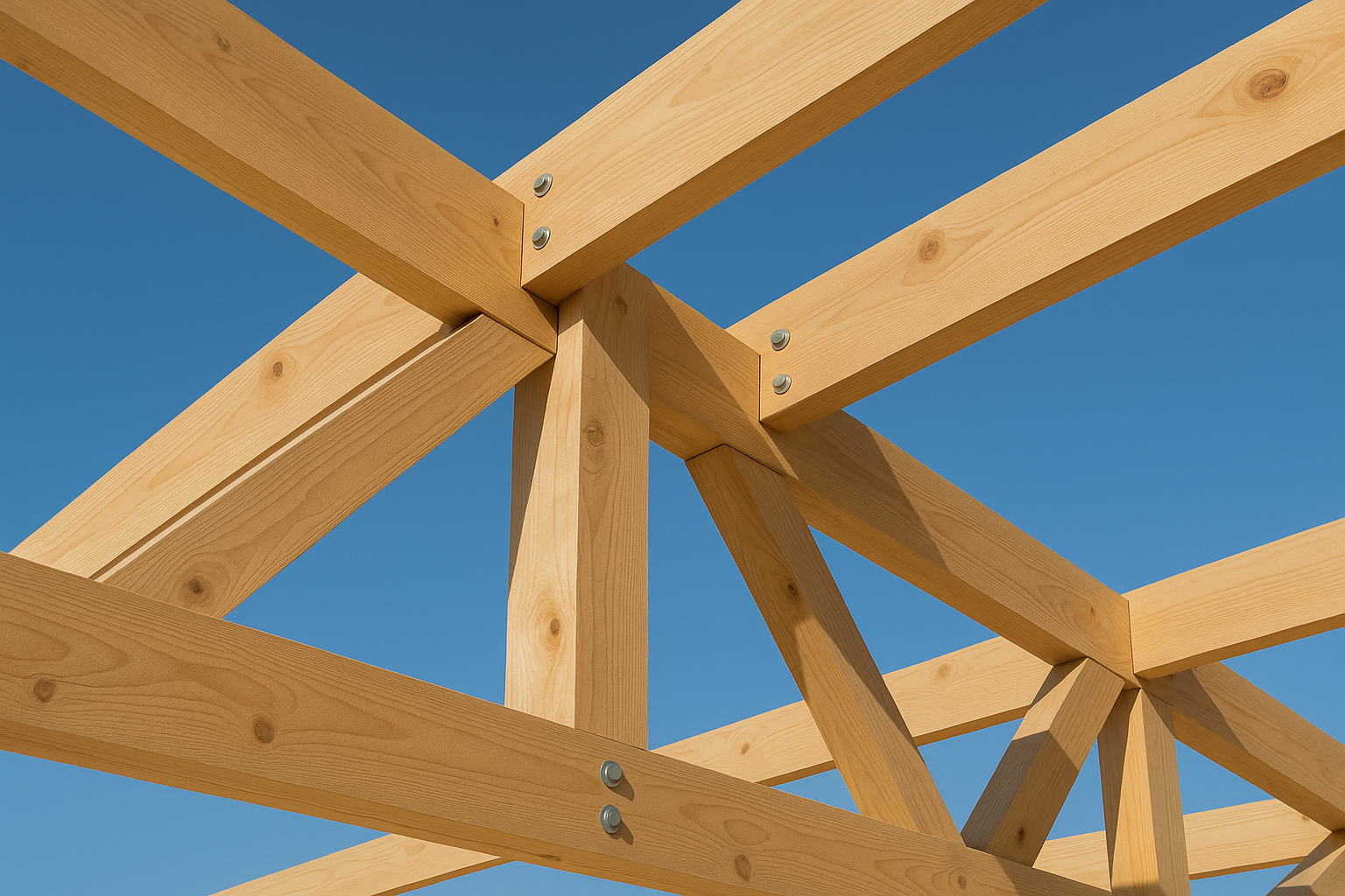 Close-up of intersecting timber frame beams at structural joint.