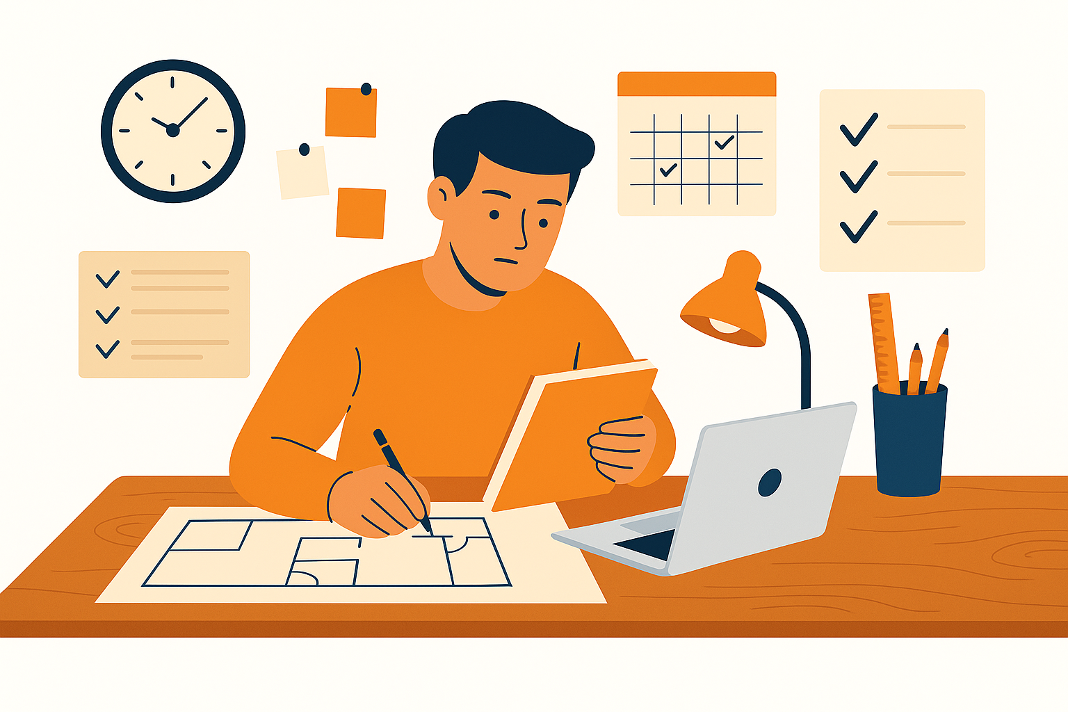Architect managing time with tools, plans, and clock elements.