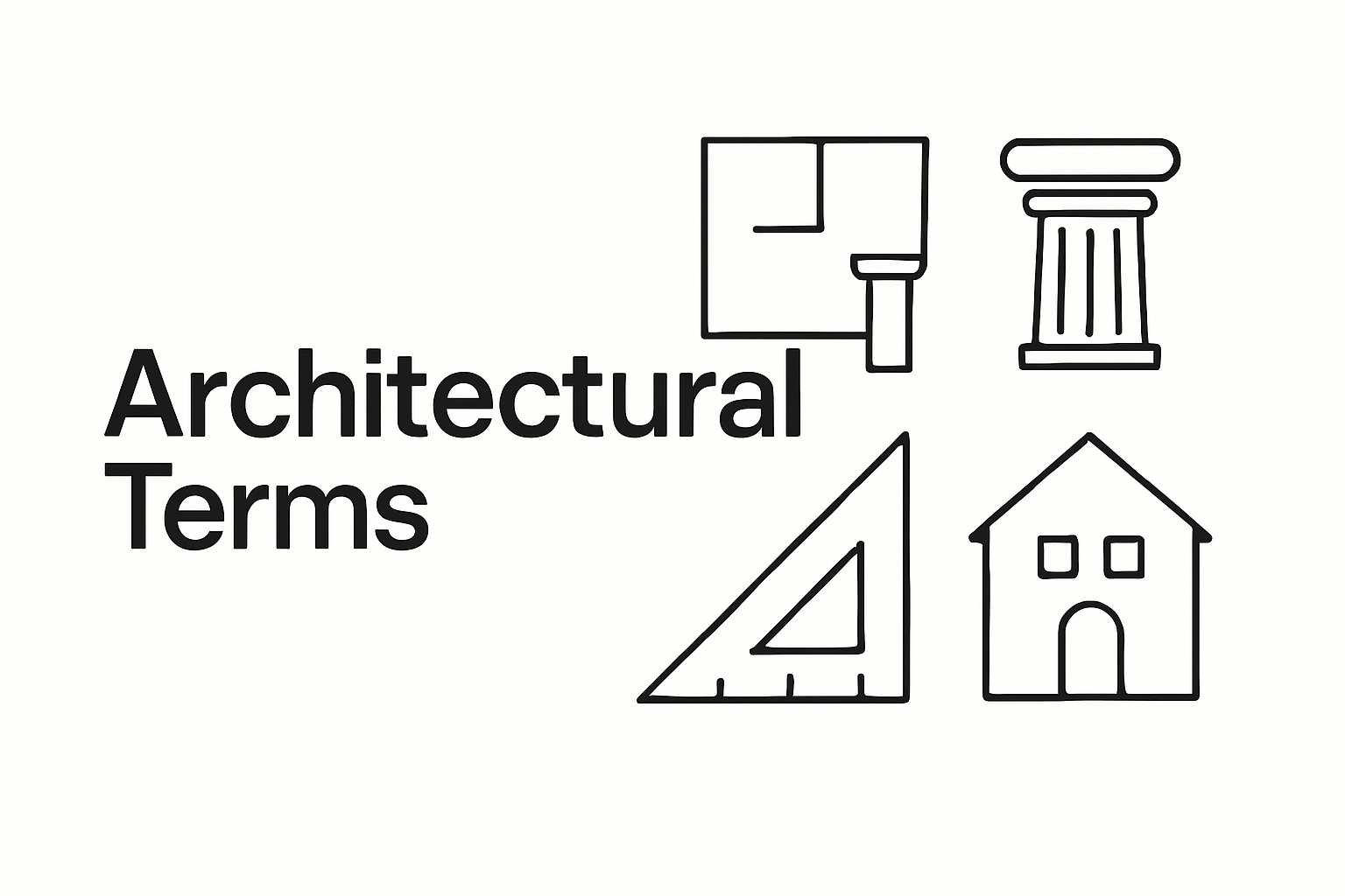 Icons representing key architectural terms like floor plan, column, ruler, and house.