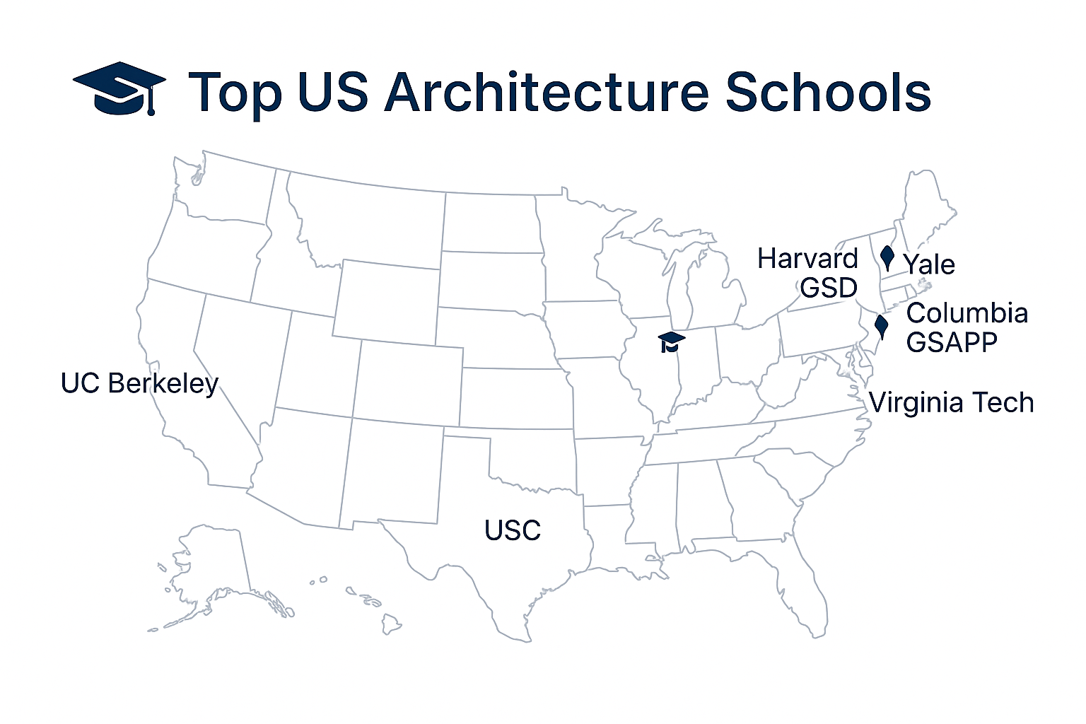 Map of the United States showing locations of top architecture schools like Harvard GSD, Yale, and UC Berkeley.
