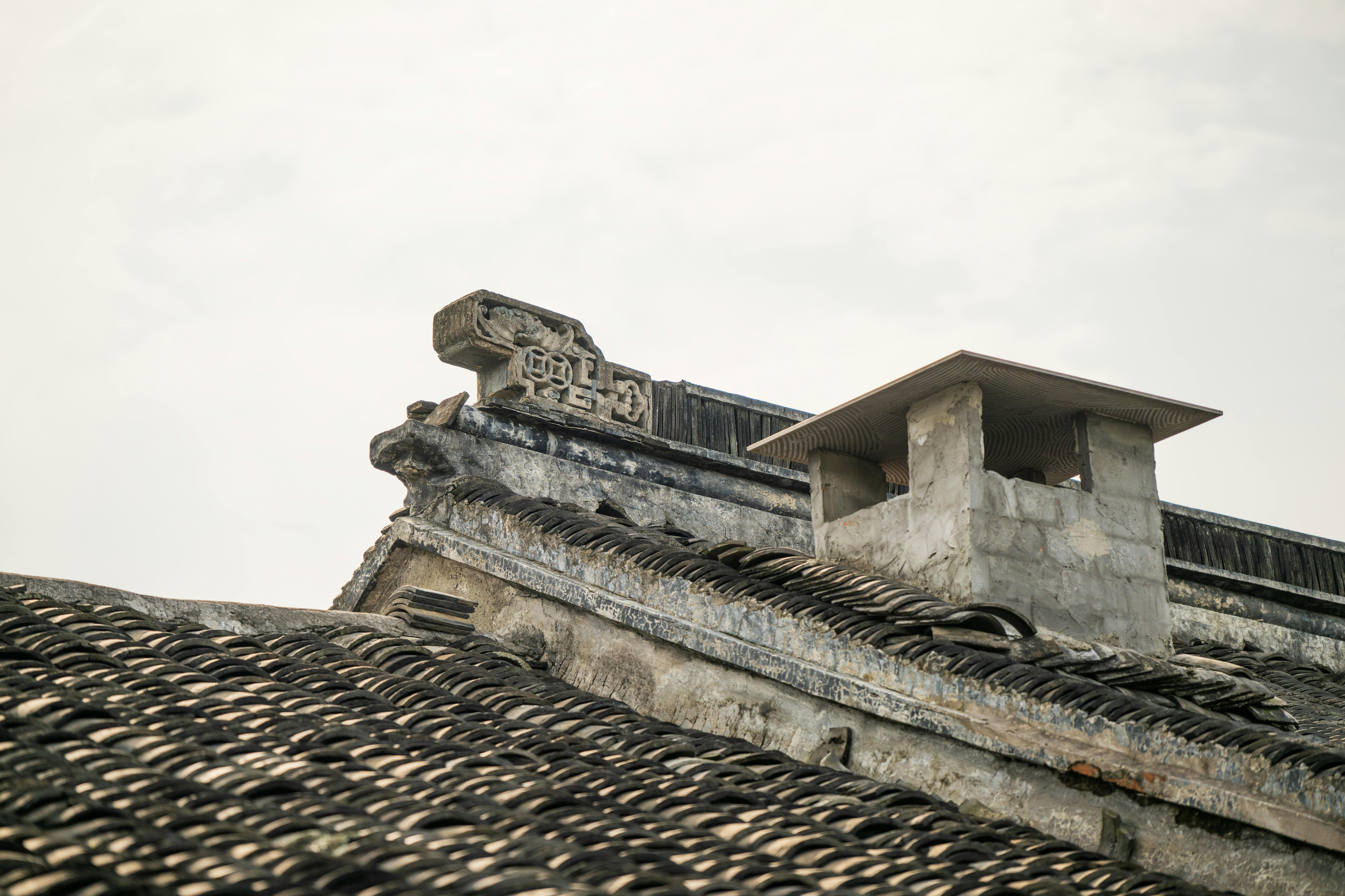 Close-up of traditional Chinese architectural roof with curved tiles.
