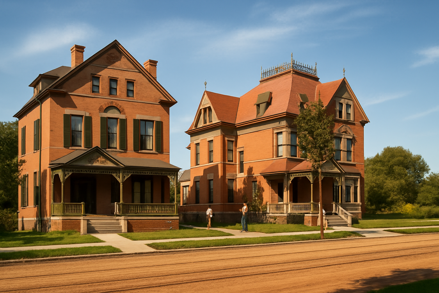 Exteriors of two restored Queen Anne style houses.