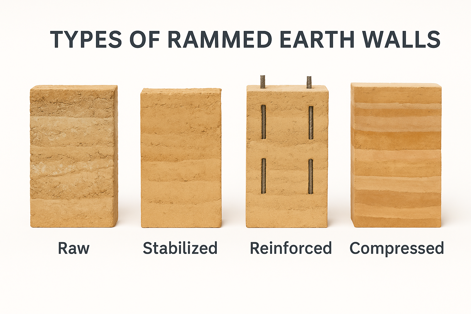Various types of rammed earth walls for sustainable building.