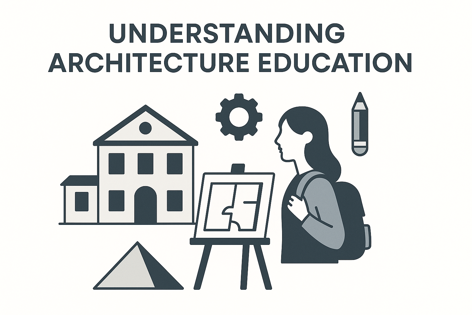 Showing architecture student with school building, floor plan, and education icons.