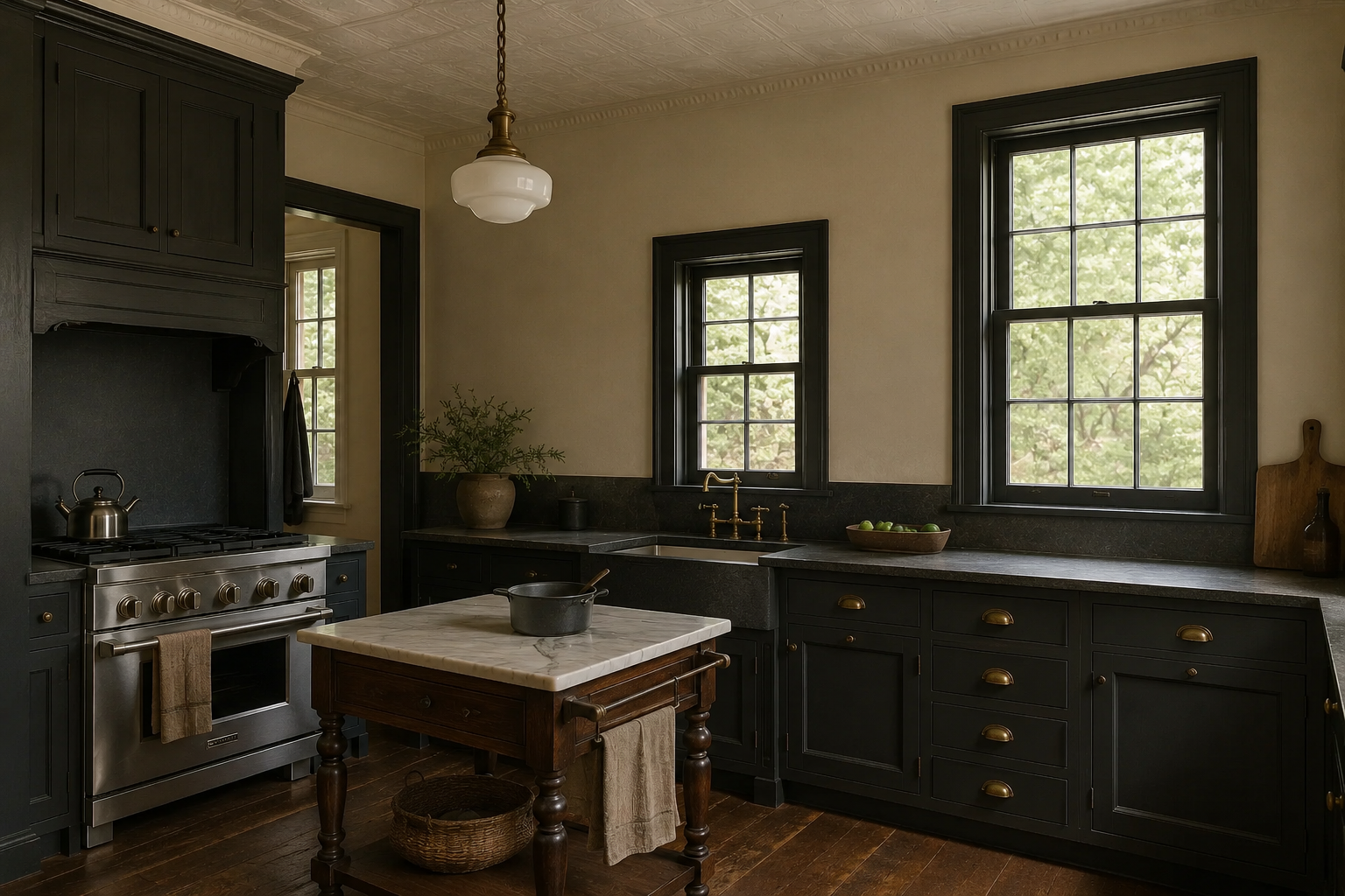 Updated Victorian cooking space with dark painted cabinets, brass fixtures, stone counters, old-house windows, built-in range wall, and a modest worktable island.