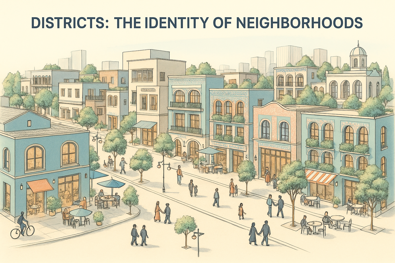 Culturally distinct city district with unified architecture and active street life.