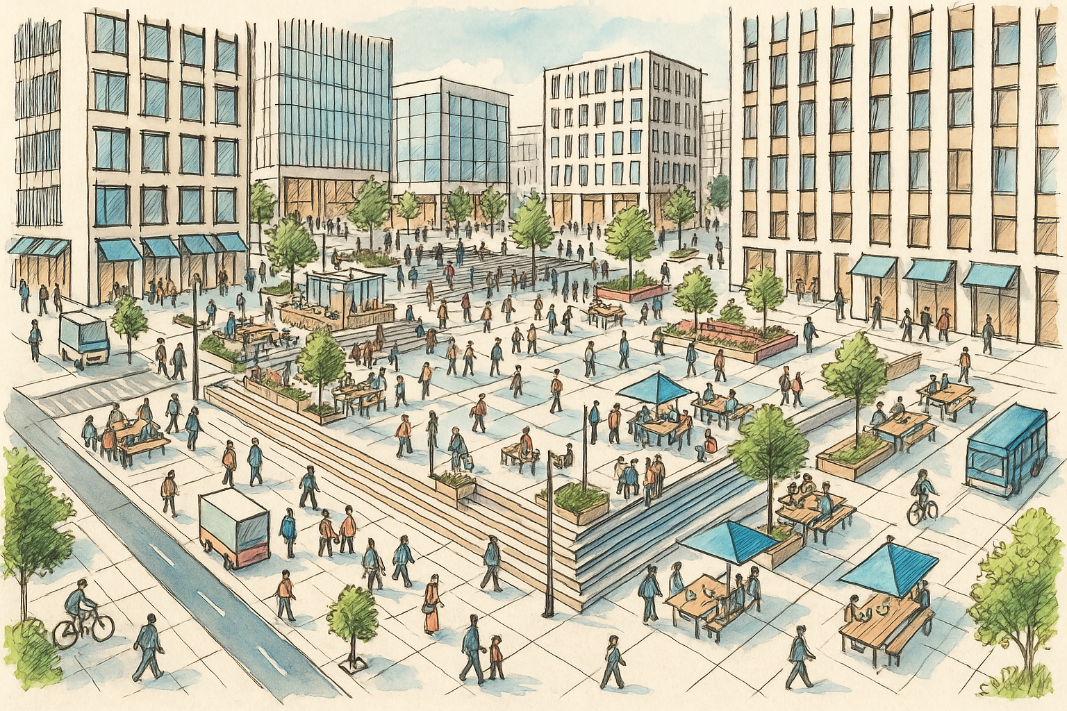 Busy city square representing a node with people, transit access, and public space.