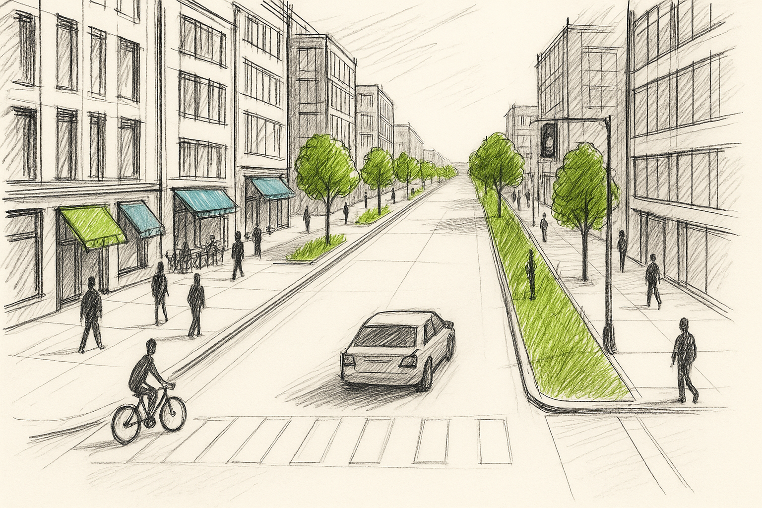 Flow of people and cars moving along city paths and streets.