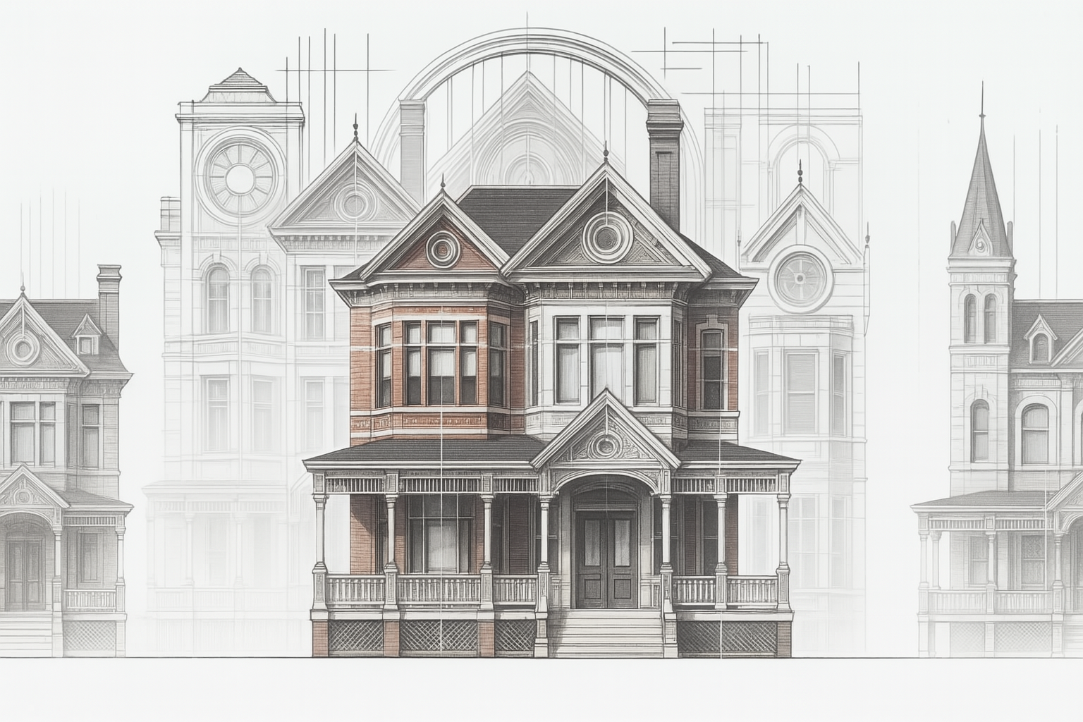 Victorian-style house with architectural blueprint overlays.