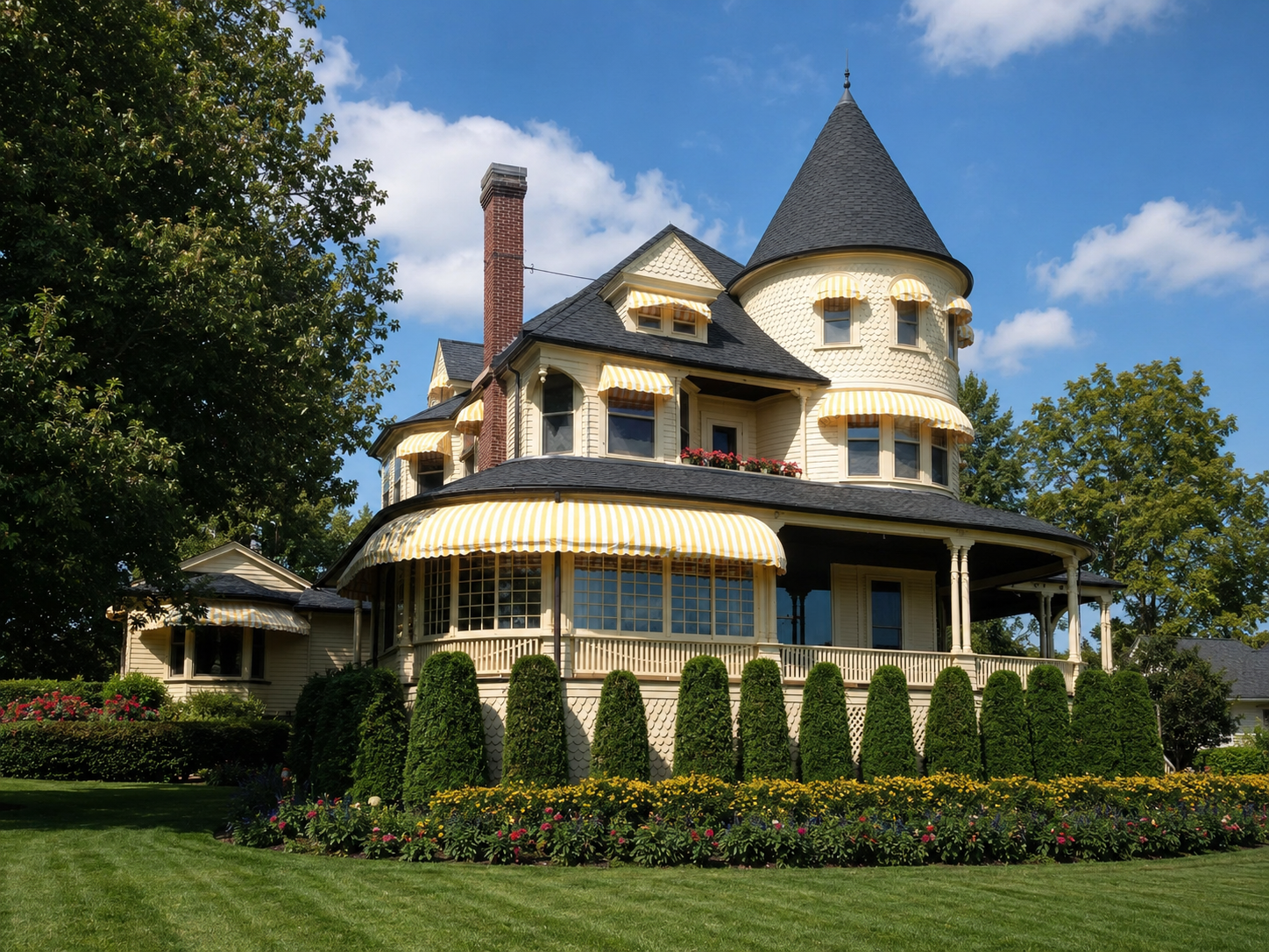 Cream Michigan Victorian house with a turret, wraparound porch, striped awnings, chimney, lawn, hedges, and flower beds.