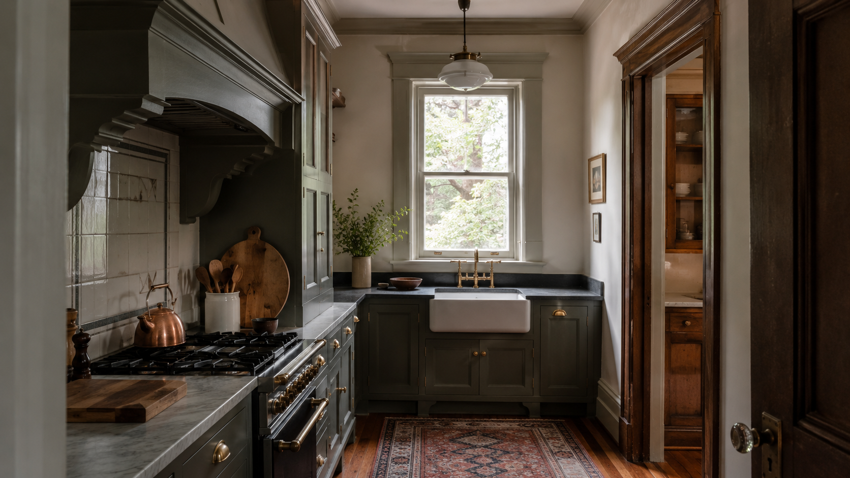 Victorian kitchen remodel in an older house with tall window trim, inset cabinets, apron-front sink, integrated range hood, brass hardware, and subdued modern appliances.
