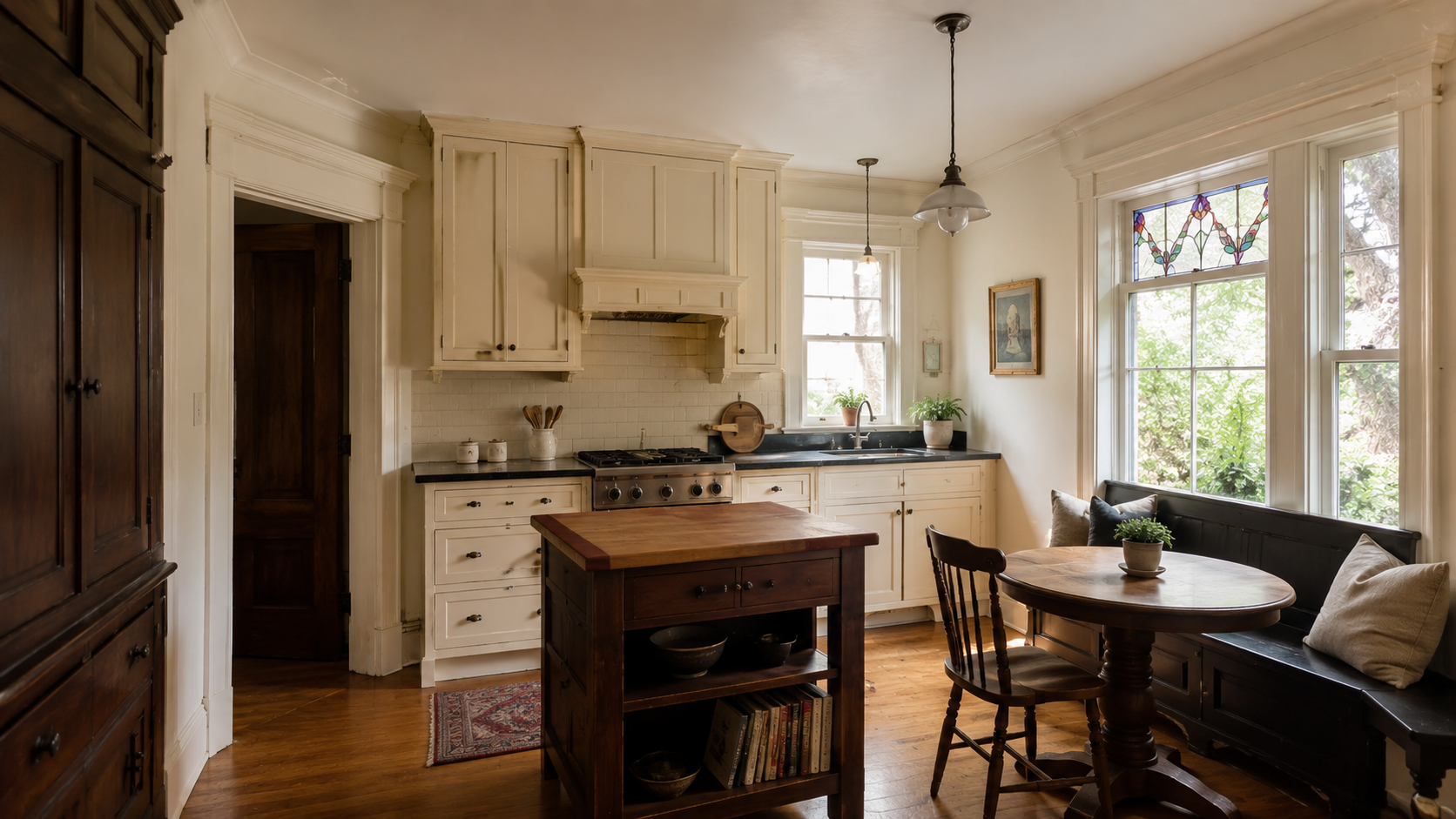 Victorian-era kitchen remodel with cream inset cabinets, dark wood worktable, stained-glass window detail, built-in bench, wood floors, and traditional trim.